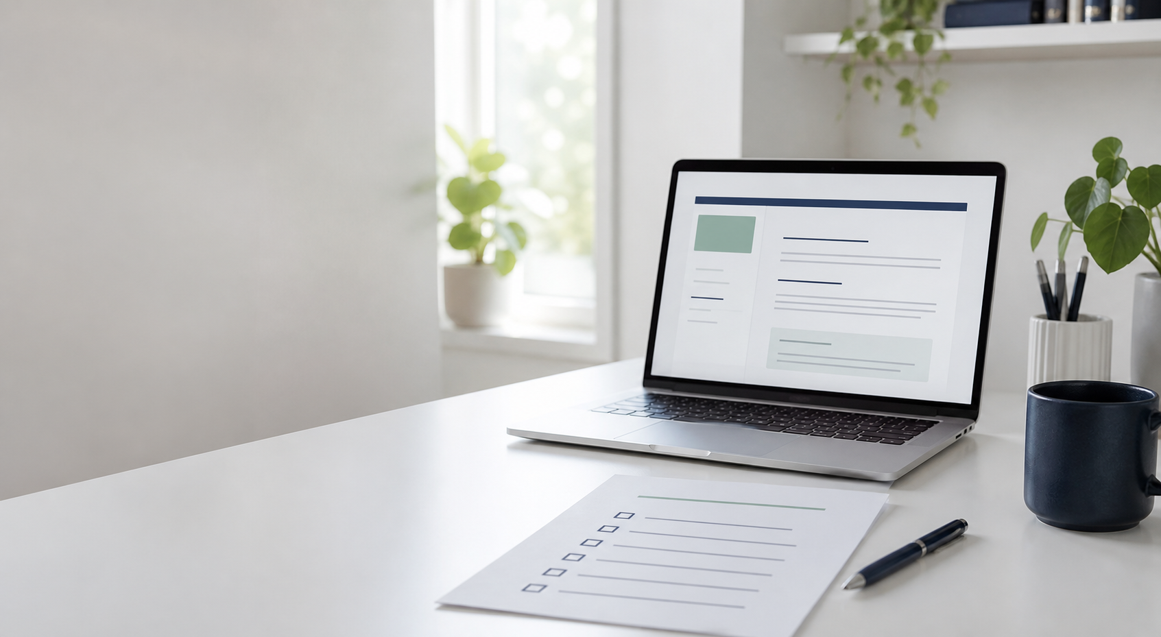 Rustig bureau met laptop en papieren checklist